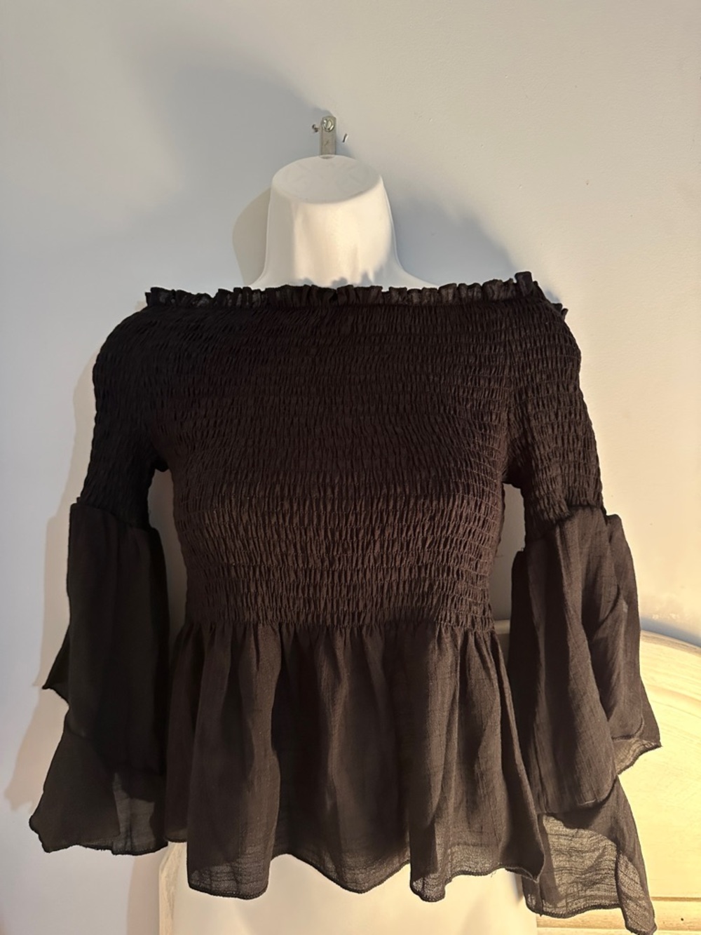 Smocked Off-Shoulder Black Bell Sleeve Blouse